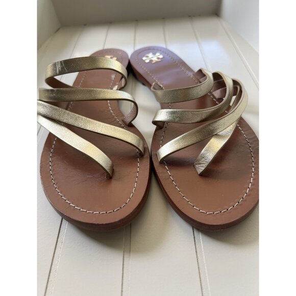 Tory Burch Patos Metallic Strappy Sandals Gold Leather Slides Summer Chic Size 9 - Picture 5 of 13